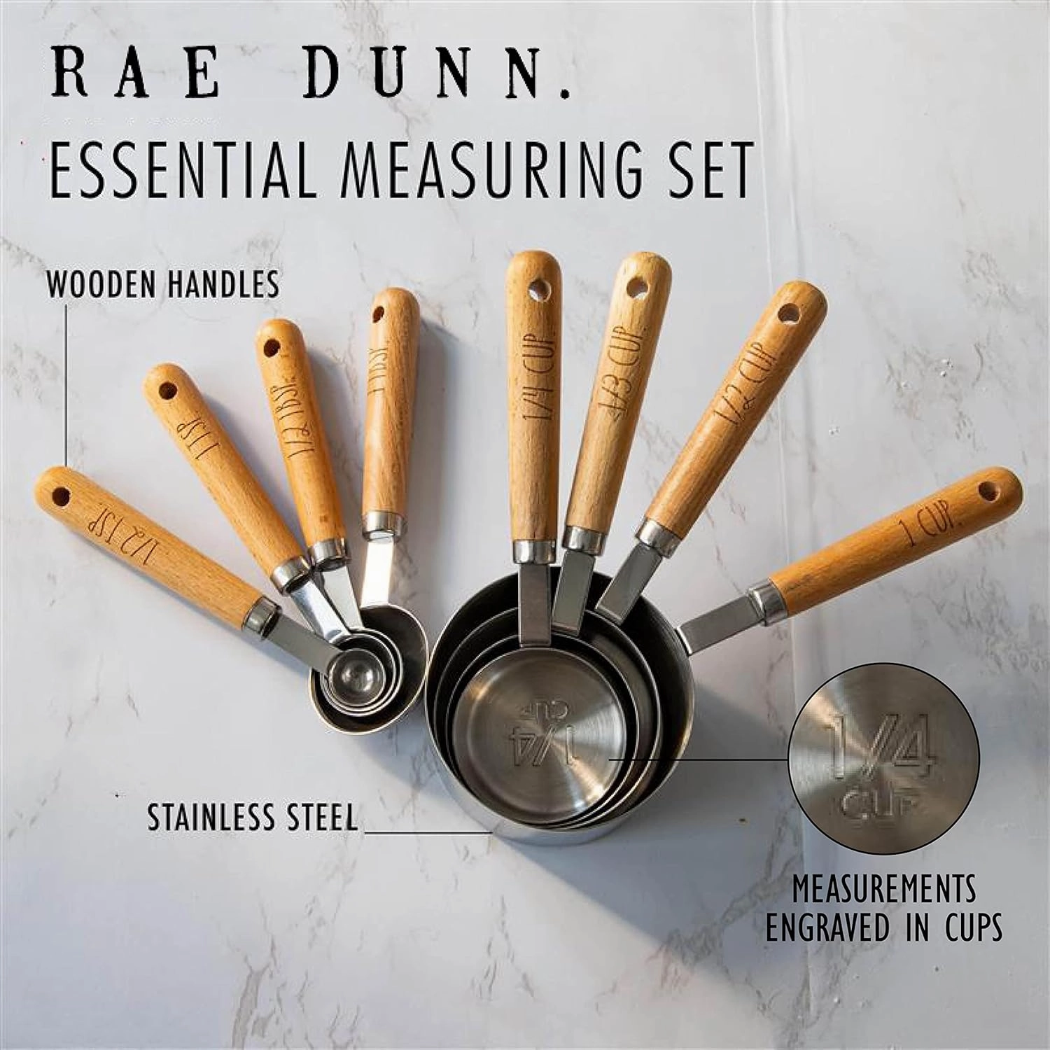 8 Piece Measuring Cups Set and Measuring Spoons Set-Nesting Kitchen Measuring Set, Liquid and Dry Measuring Cup Set (Wood)