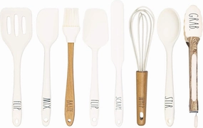 8 Piece MINI Silicone Kitchen Utensil Set- Kitchen Tools with Beechwood Handles by Cook with Color (White)