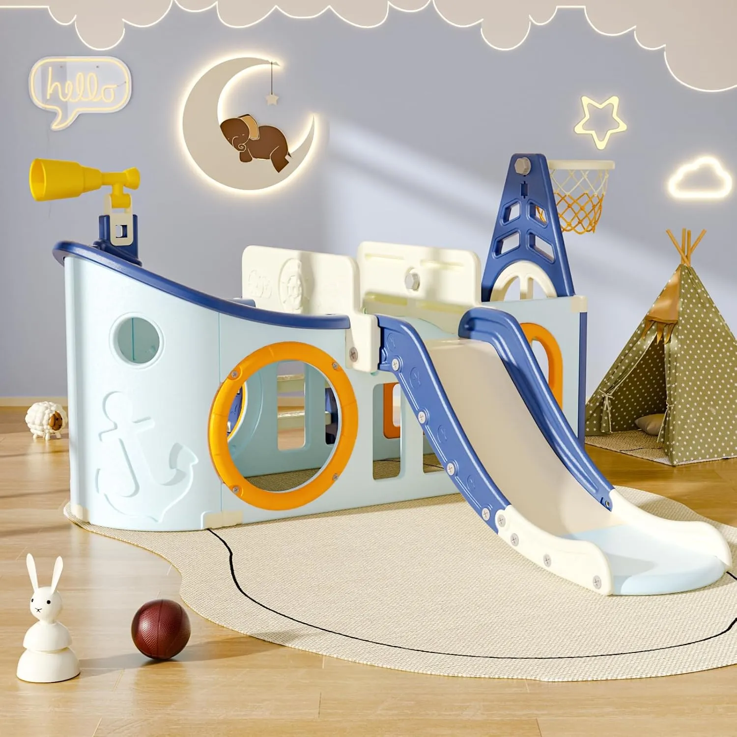 9 in 1 Toddler Slide, Kid Slide for Toddlers Age 3-6,Pirate Ship Toddler Slide with Basketball Hoop,Indoor and Outdoor Baby Climber Playset Playground Freestanding Slide