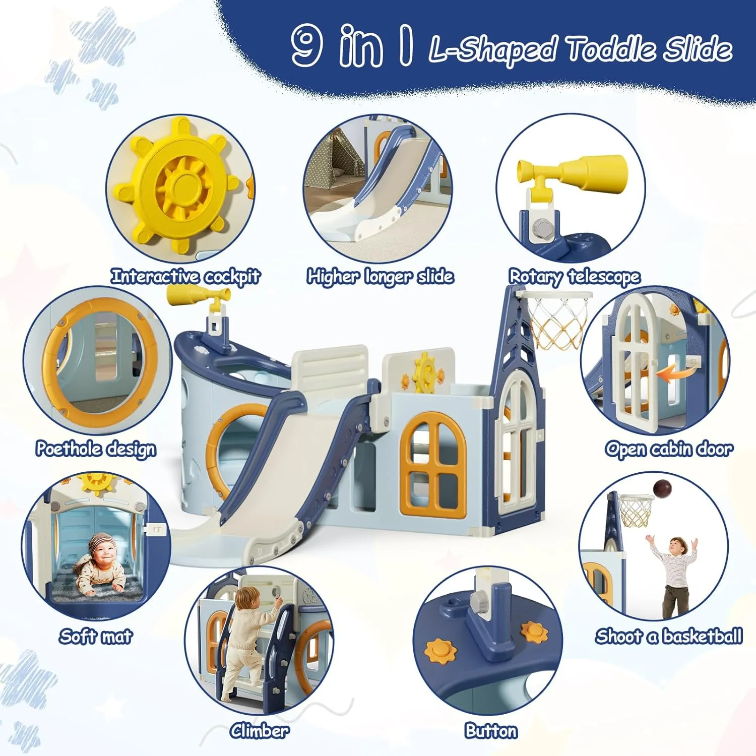 9 in 1 Toddler Slide, Kid Slide for Toddlers Age 3-6,Pirate Ship Toddler Slide with Basketball Hoop,Indoor and Outdoor Baby Climber Playset Playground Freestanding Slide