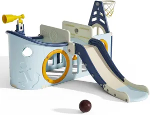 9 in 1 Toddler Slide, Kid Slide for Toddlers Age 3-6,Pirate Ship Toddler Slide with Basketball Hoop,Indoor and Outdoor Baby Climber Playset Playground Freestanding Slide