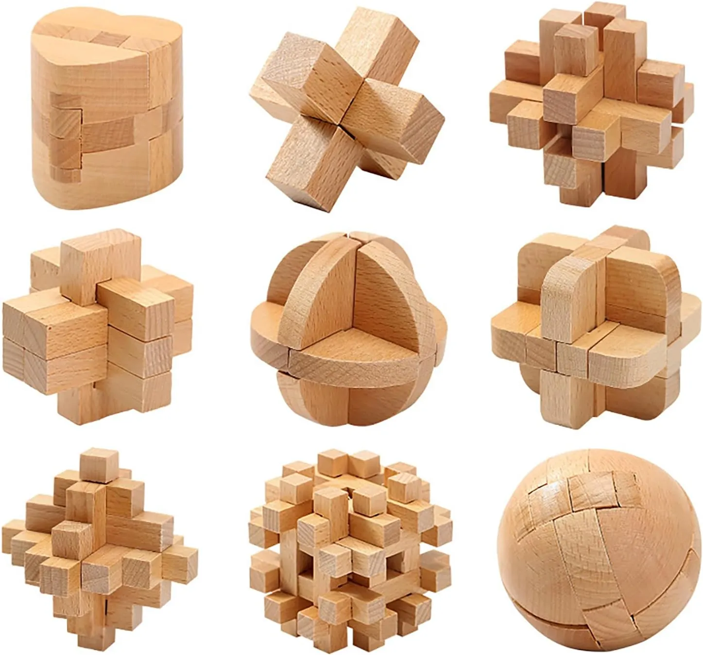 9pcs Wooden Brain Teaser Puzzles, Interlocking Games for IQ Test, Intellectual 3D Assembling Educational Toy Set for Teens and Adults(9 Puzzle Set#D04)