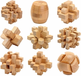 9pcs Wooden Brain Teaser Puzzles, Interlocking Games for IQ Test, Intellectual 3D Assembling Educational Toy Set for Teens and Adults(9 Puzzle Set#C03)