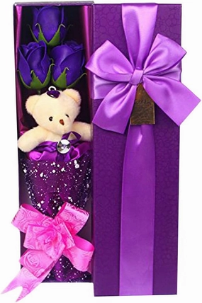 Abbie Home Flower Bouquet 3 Scented Soap Roses Gift Box with Cute Teddy Bear for Her Him Valentine's Day Anniversary Wedding Mothers Day Birthday Gift and Proposal (Purple)