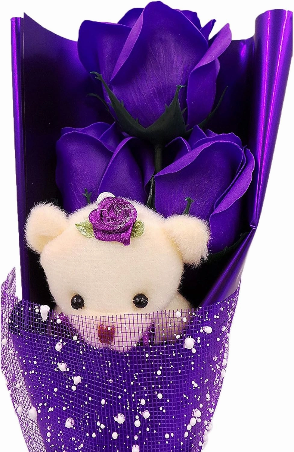Abbie Home Flower Bouquet 3 Scented Soap Roses Gift Box with Cute Teddy Bear for Her Him Valentine's Day Anniversary Wedding Mothers Day Birthday Gift and Proposal (Purple)