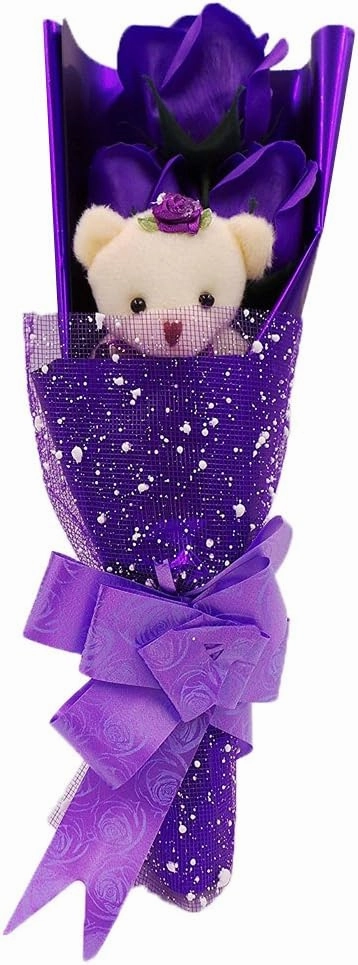 Abbie Home Flower Bouquet 3 Scented Soap Roses Gift Box with Cute Teddy Bear for Her Him Valentine's Day Anniversary Wedding Mothers Day Birthday Gift and Proposal (Purple)