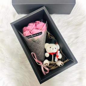 Abbie Home Rose Bouquet 7 Scented Soap Flower Gift Box with Cute Teddy Bear for Her Girlfriend Teen Girls Anniversary, Birthdays, Valentine's Day, (Dusty Pink)
