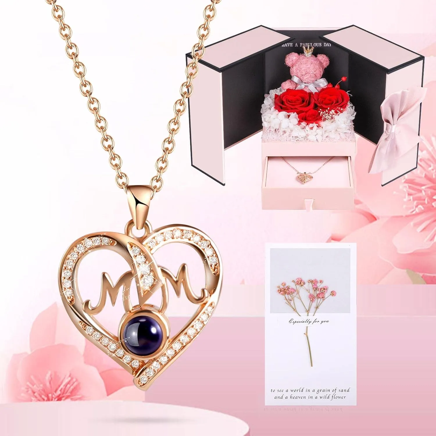 ADDWel Mothers Day Gifts for Mom from Daughter and Son, Unique Mom Birthday Gift Idea, Preserved Real Roses with I Love You in 100 Languages Mom Necklace, Cool Present to Mother Mama