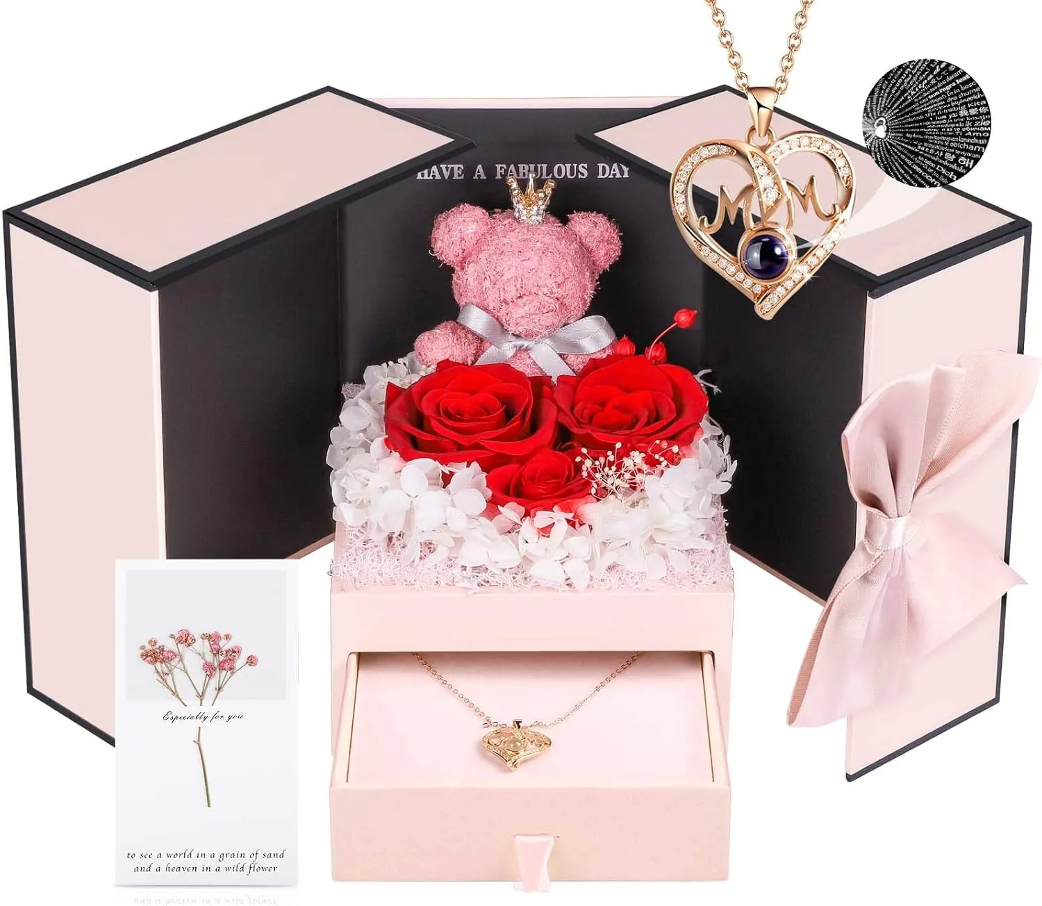 ADDWel Mothers Day Gifts for Mom from Daughter and Son, Unique Mom Birthday Gift Idea, Preserved Real Roses with I Love You in 100 Languages Mom Necklace, Cool Present to Mother Mama