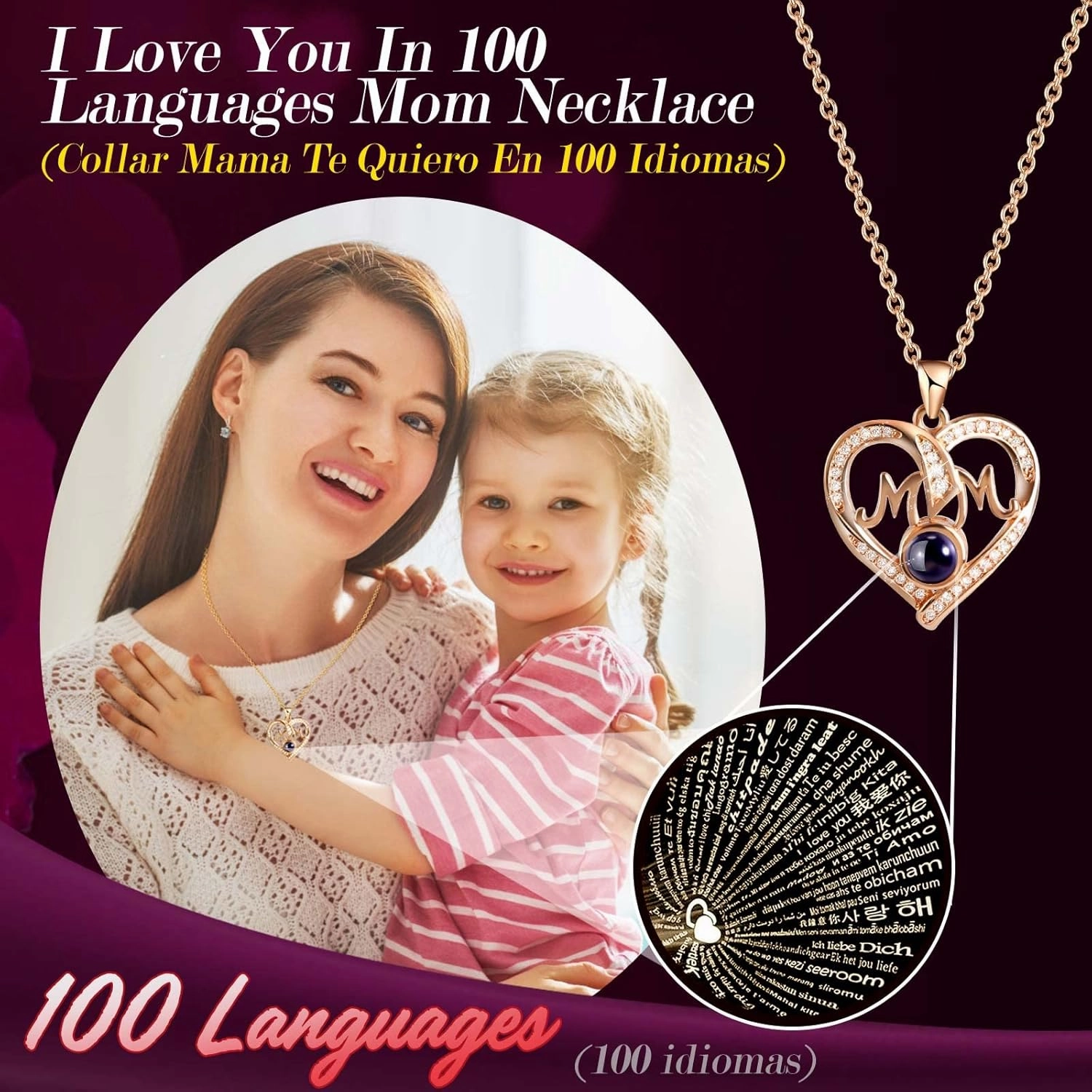 ADDWel Gifts for Mom from Daughter and Son, Unique Mother Birthday Gift Idea, Preserved Real Roses with I Love You in 100 Languages Mom Necklace, Cool Present to Mother Mama