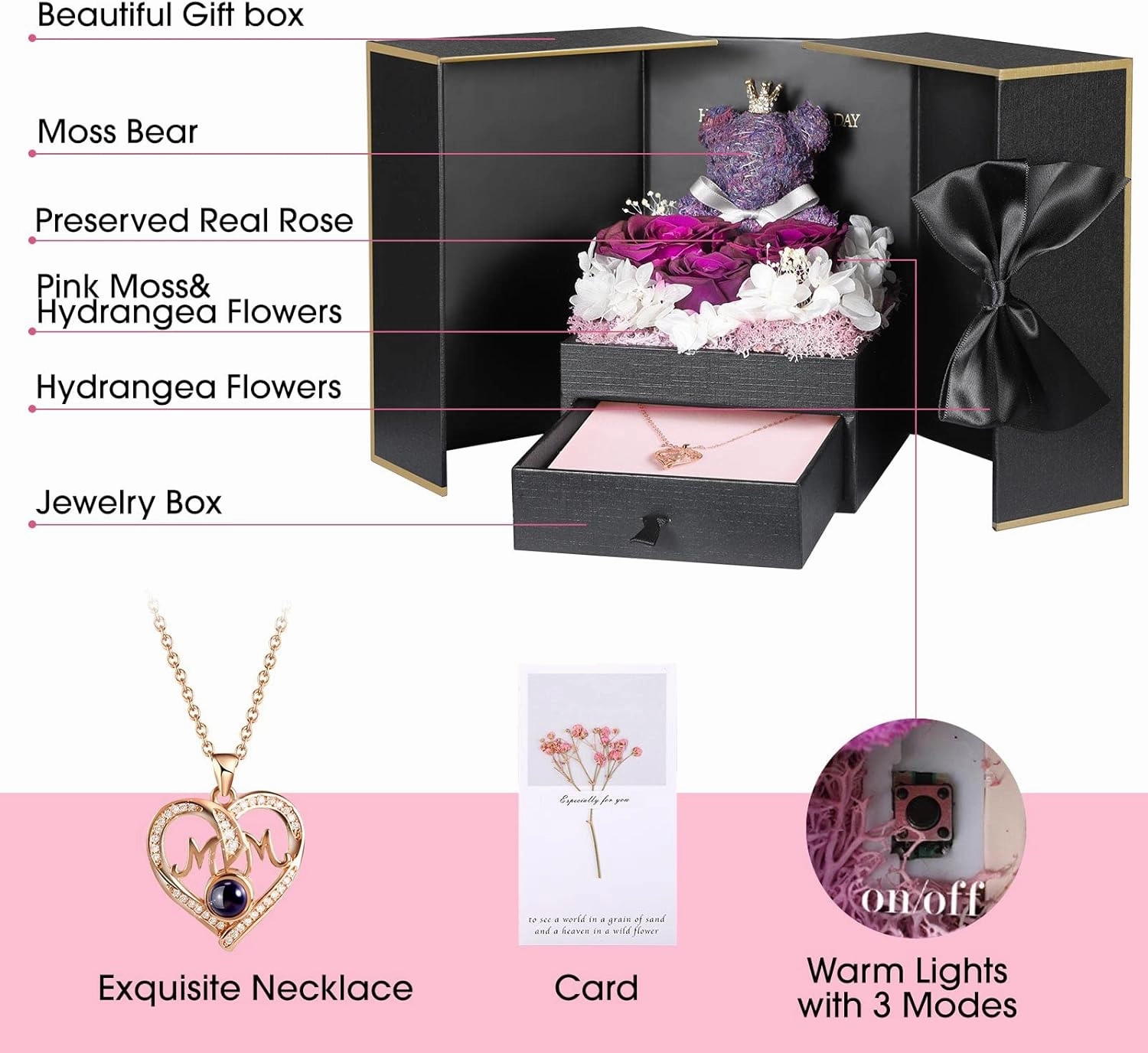 ADDWel Gifts for Mom from Daughter and Son, Unique Mother Birthday Gift Idea, Preserved Real Roses with I Love You in 100 Languages Mom Necklace, Cool Present to Mother Mama