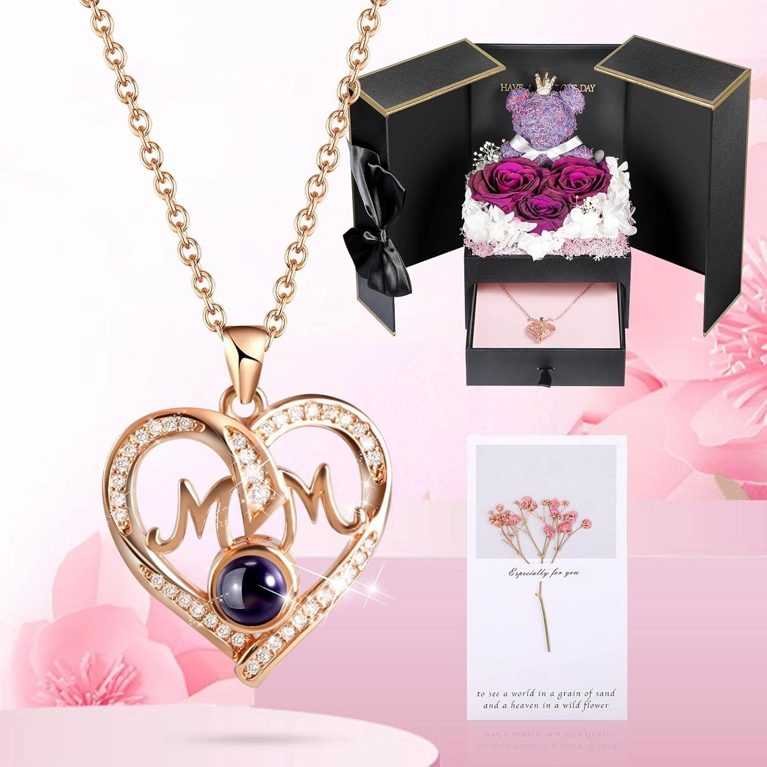ADDWel Gifts for Mom from Daughter and Son, Unique Mother Birthday Gift Idea, Preserved Real Roses with I Love You in 100 Languages Mom Necklace, Cool Present to Mother Mama