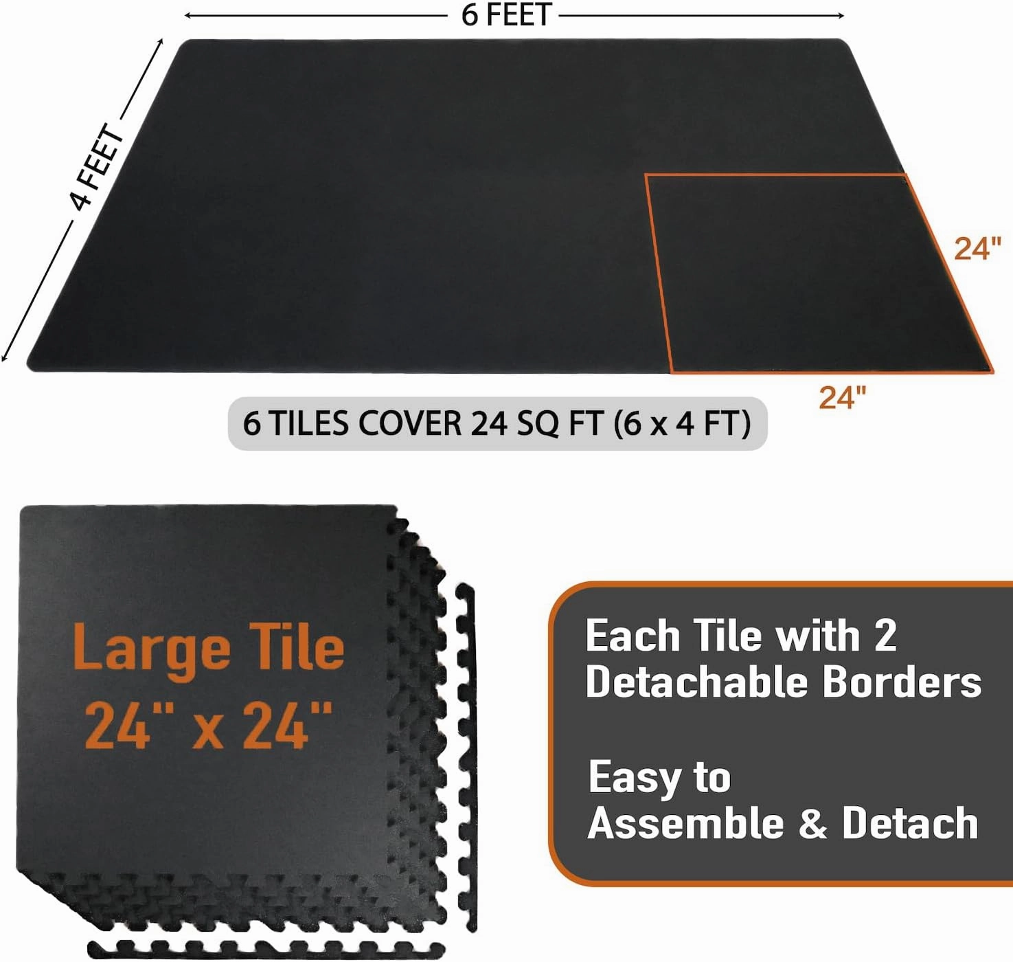 AIRHOP 0.79in Thick 24 Sq Ft Exercise Equipment Mats, 6 Tiles Upgraded Rubber Top with High Density EVA Foam, Large Interlocking Puzzle Gym Flooring for Home Gym, Heavy Weight Workout,Black