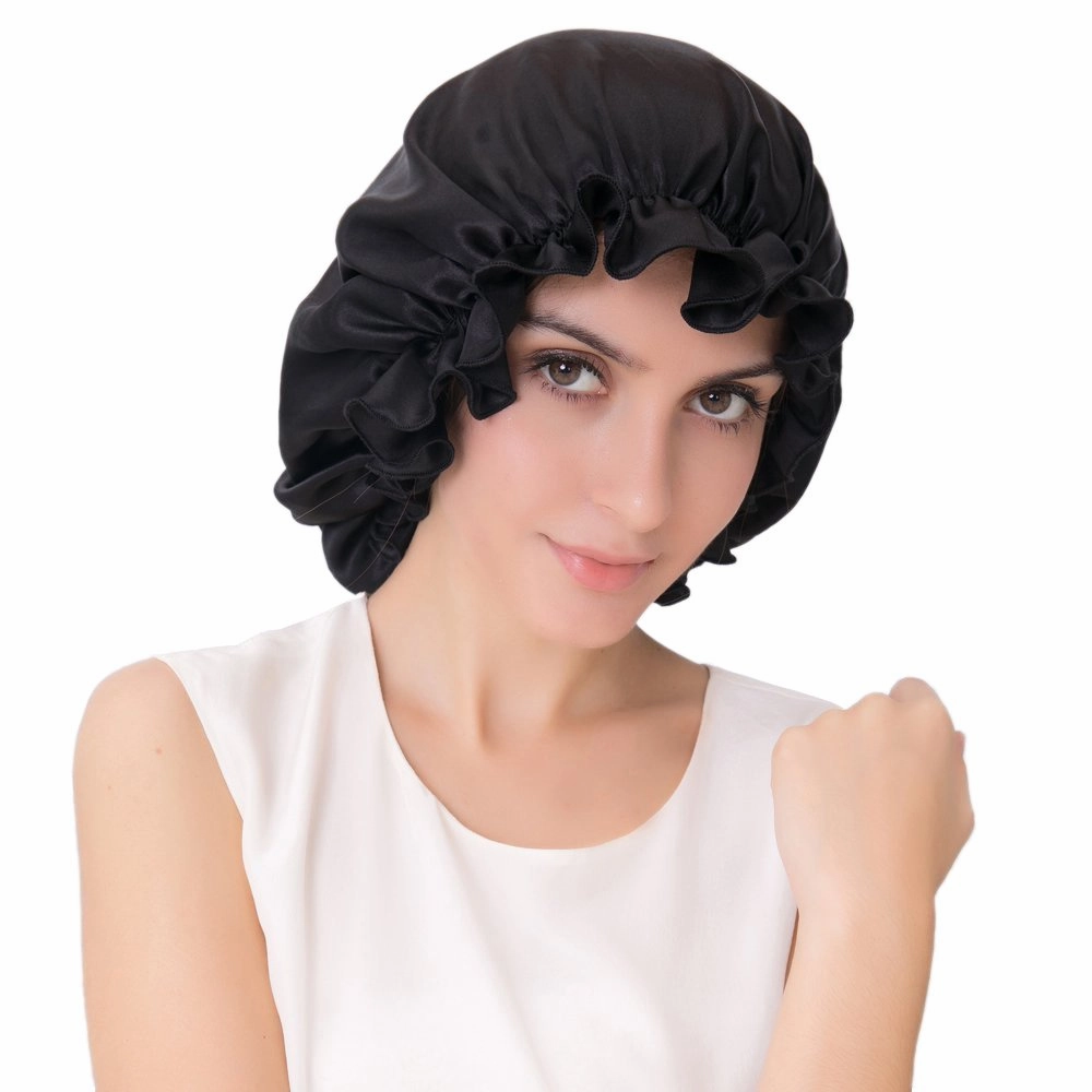 ALASKA BEAR 100% Silk Bonnet Sleep Cap Breathable Head Wrap for Natural Curly Hair, Double Sided Silky Smooth & Button Closure w/Adjustable Elastic Band, Jumbo Black