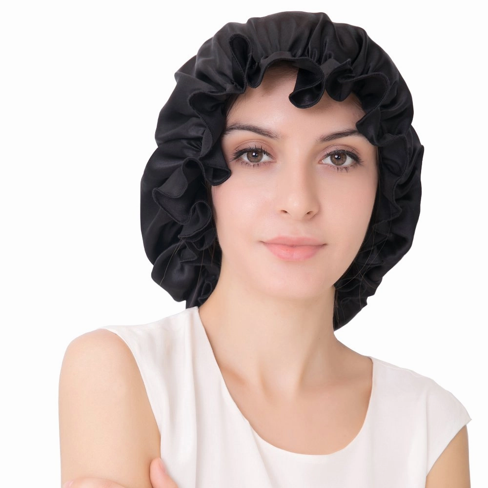 ALASKA BEAR 100% Silk Bonnet Sleep Cap Breathable Head Wrap for Natural Curly Hair, Double Sided Silky Smooth & Button Closure w/Adjustable Elastic Band, Jumbo Black