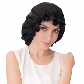 ALASKA BEAR 100% Silk Bonnet Sleep Cap Breathable Head Wrap for Natural Curly Hair, Double Sided Silky Smooth & Button Closure w/Adjustable Elastic Band, Jumbo Black