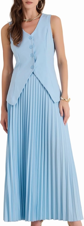 Allegra K Women's 2 Piece Summer Outfits V Neck Sleeveless Button Vest Maxi Pleated Skirts Set