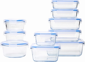 Amazon Basics 20-Piece Glass Food Storage Containers, includes 10 Bases and Plastic Lids, Transparent, Blue