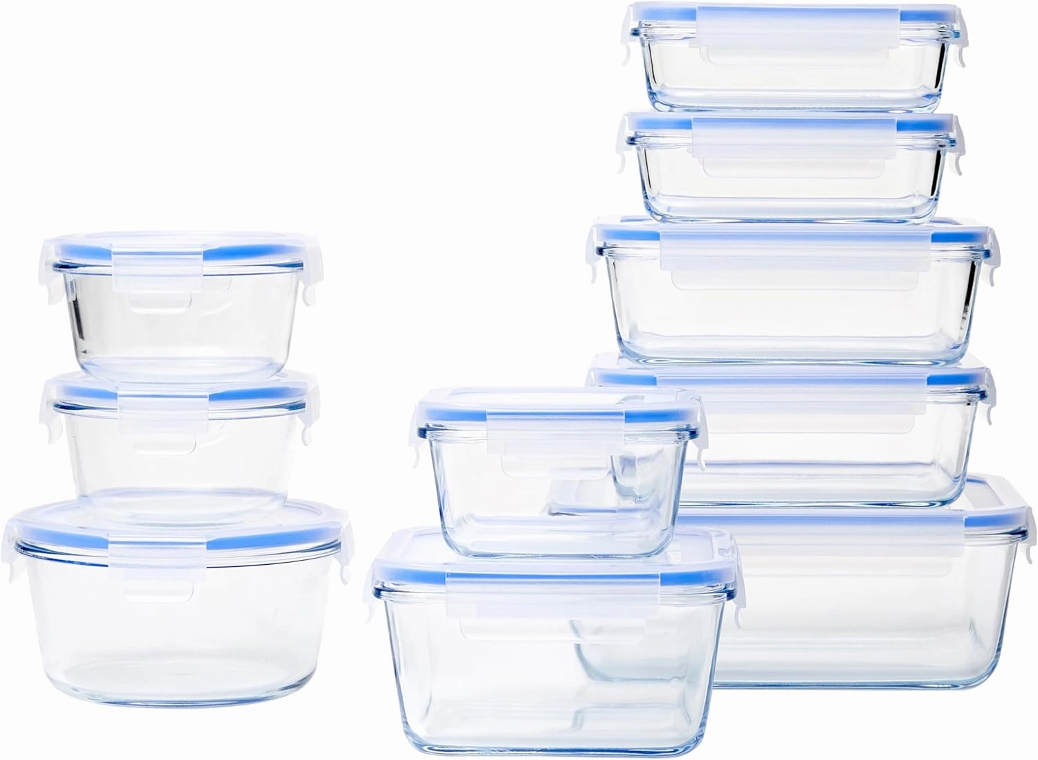Amazon Basics 20-Piece Glass Food Storage Containers, includes 10 Bases and Plastic Lids, Transparent, Blue