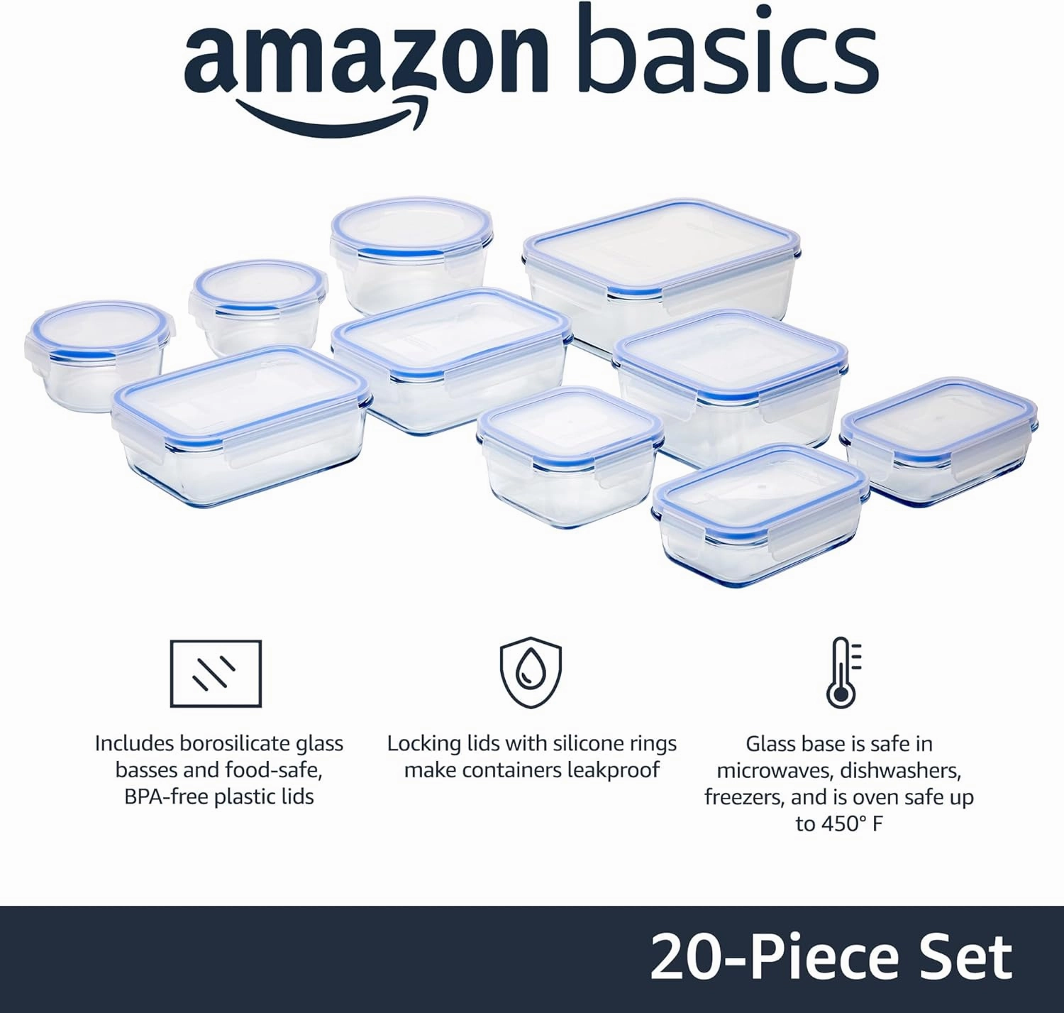 Amazon Basics 20-Piece Glass Food Storage Containers, includes 10 Bases and Plastic Lids, Transparent, Blue
