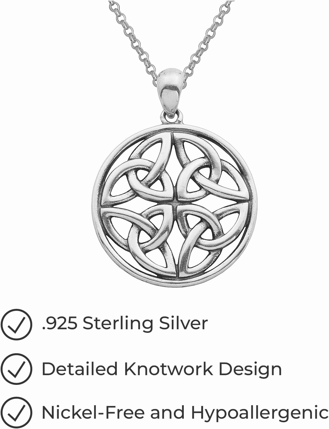 Amazon Essentials .925 Sterling Silver Celtic Pendant Necklace for Women, 18" Rolo Chain, Hypoallergenic Women's Jewelry