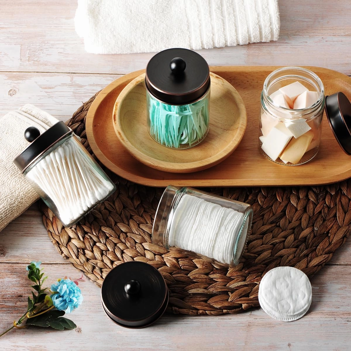 Amolliar 4Pc Apothecary Jars Bathroom Vanity Storage Organizer-Countertop Canister & Stainless Steel Lids &Cute Stickers -Qtip Dispenser Holder for Qtips,Cotton Swabs,Makeup Sponge(Oil Rubbed Bronze)