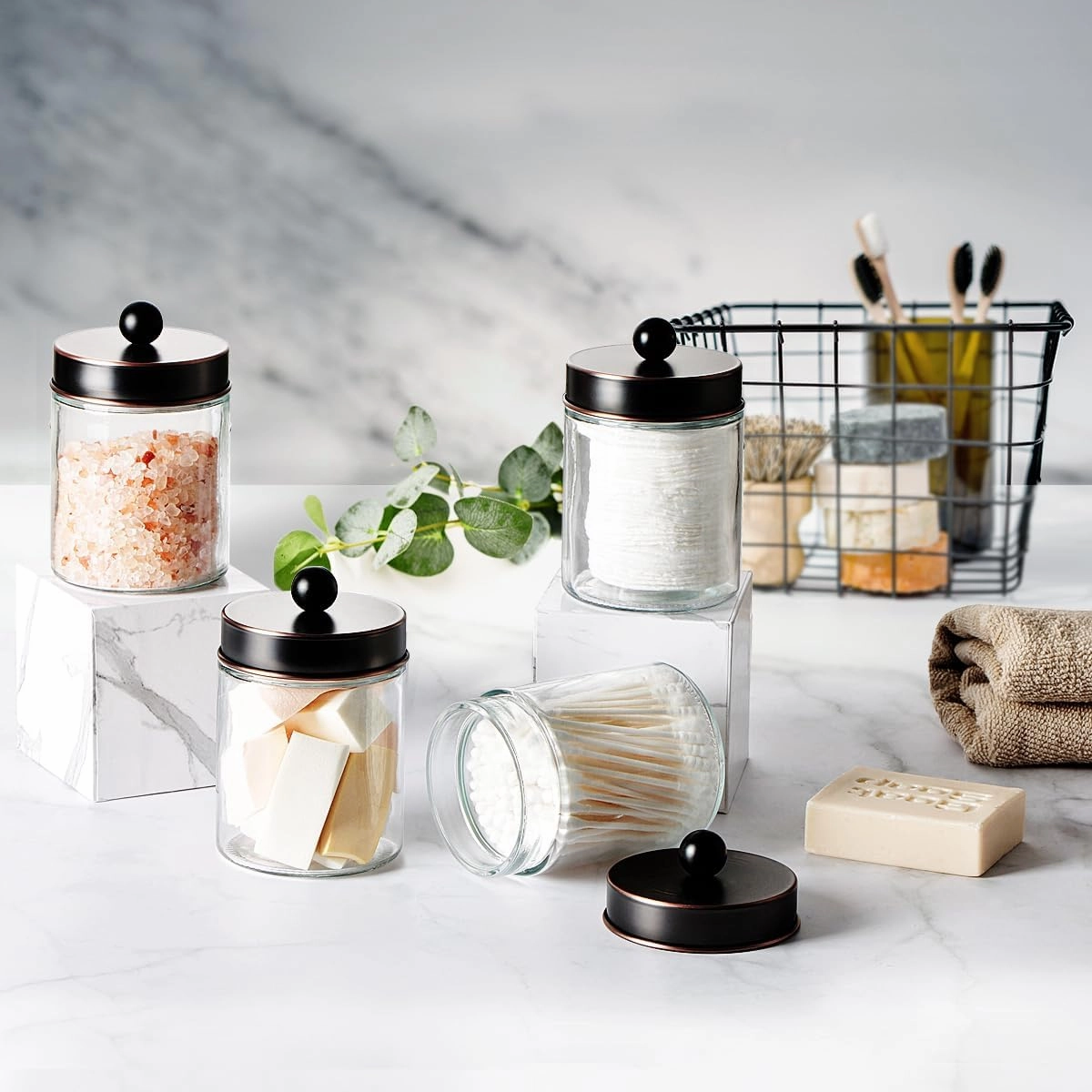 Amolliar 4Pc Apothecary Jars Bathroom Vanity Storage Organizer-Countertop Canister & Stainless Steel Lids &Cute Stickers -Qtip Dispenser Holder for Qtips,Cotton Swabs,Makeup Sponge(Oil Rubbed Bronze)