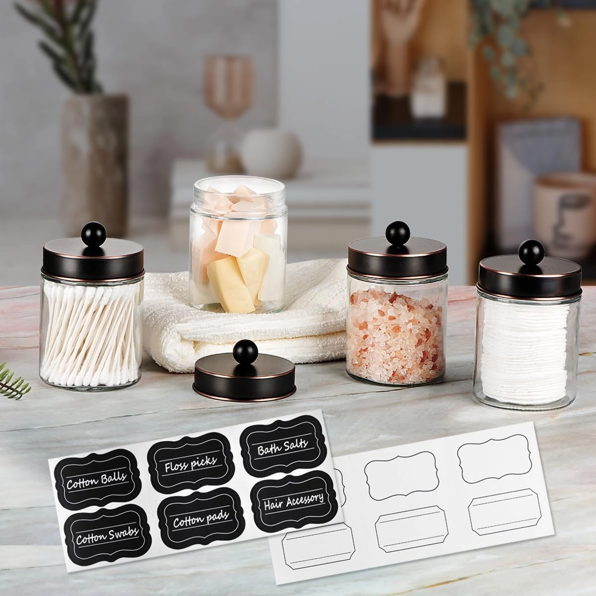 Amolliar 4Pc Apothecary Jars Bathroom Vanity Storage Organizer-Countertop Canister & Stainless Steel Lids &Cute Stickers -Qtip Dispenser Holder for Qtips,Cotton Swabs,Makeup Sponge(Oil Rubbed Bronze)