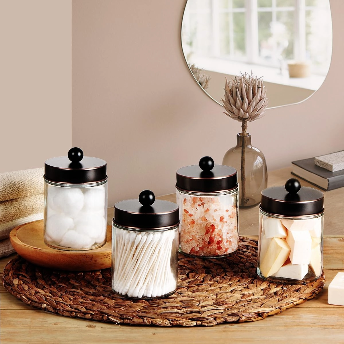 Amolliar 4Pc Apothecary Jars Bathroom Vanity Storage Organizer-Countertop Canister & Stainless Steel Lids &Cute Stickers -Qtip Dispenser Holder for Qtips,Cotton Swabs,Makeup Sponge(Oil Rubbed Bronze)