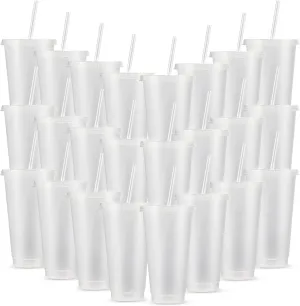 Amyhill 24 Pcs Reusable Cups with Lids and Straws 24 oz Glitter Iced Coffee Tumbler Plastic Travel Mug Cup for Smoothie Juices Birthday Sleepover Party Supplies for Girls(Clear)