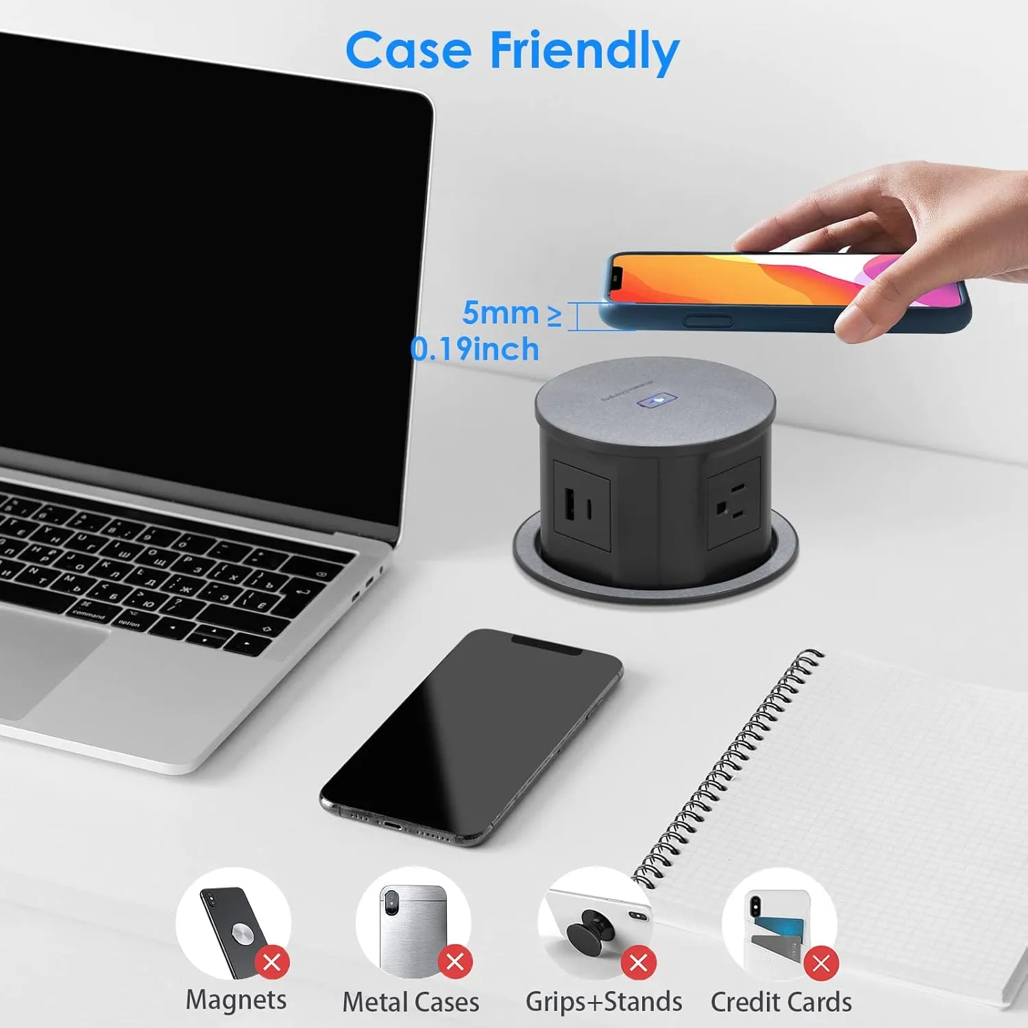 ANNQUAN 4.7inch Pop Up Outlet for Countertop with 15W Wireless Charger,4 Outlet,1 USB-C,1 USB-A,Pop Up Power Outlet for Table Workbench Nightstand