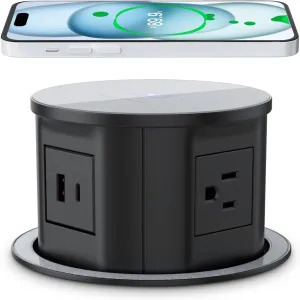ANNQUAN 4.7inch Pop Up Outlet for Countertop with 15W Wireless Charger,4 Outlet,1 USB-C,1 USB-A,Pop Up Power Outlet for Table Workbench Nightstand