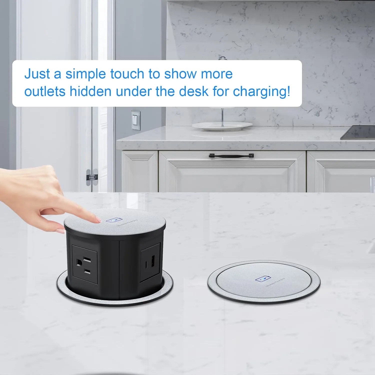 ANNQUAN 4.7inch Pop Up Outlet for Countertop with 15W Wireless Charger,4 Outlet,1 USB-C,1 USB-A,Pop Up Power Outlet for Table Workbench Nightstand
