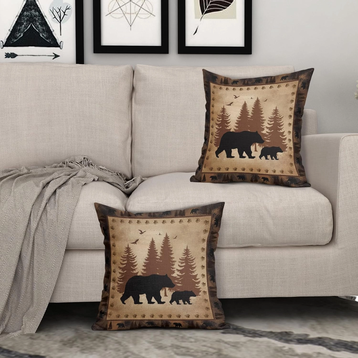 aportt Bear Pillow Covers 18x18 Inch Wild Animal Forest Cotton Linen Decorative Throw Pillow Case Nature Wildlife Tree Brown Cushion Cover Set of 2 Home Decor for Bedroom Sofa Living Room Couch Chair