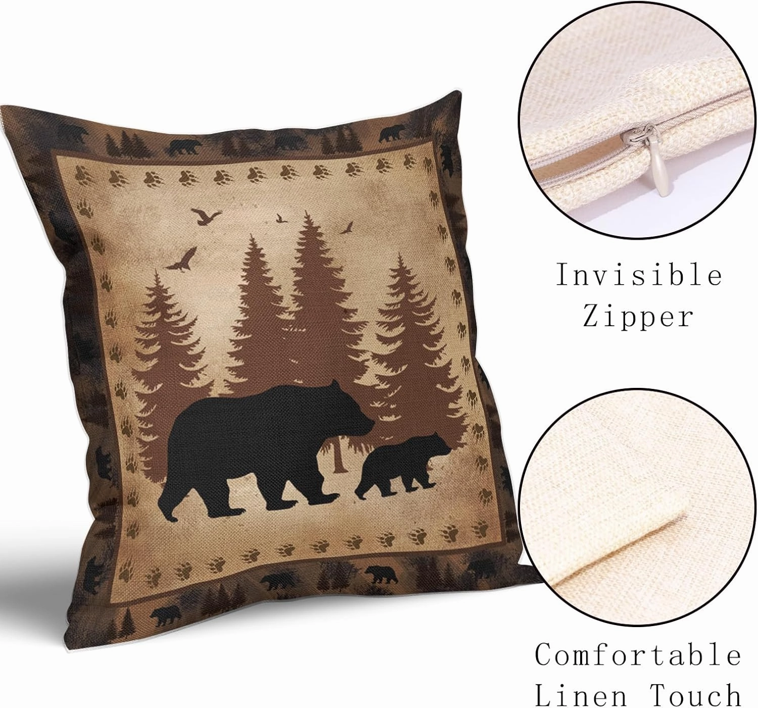 aportt Bear Pillow Covers 18x18 Inch Wild Animal Forest Cotton Linen Decorative Throw Pillow Case Nature Wildlife Tree Brown Cushion Cover Set of 2 Home Decor for Bedroom Sofa Living Room Couch Chair