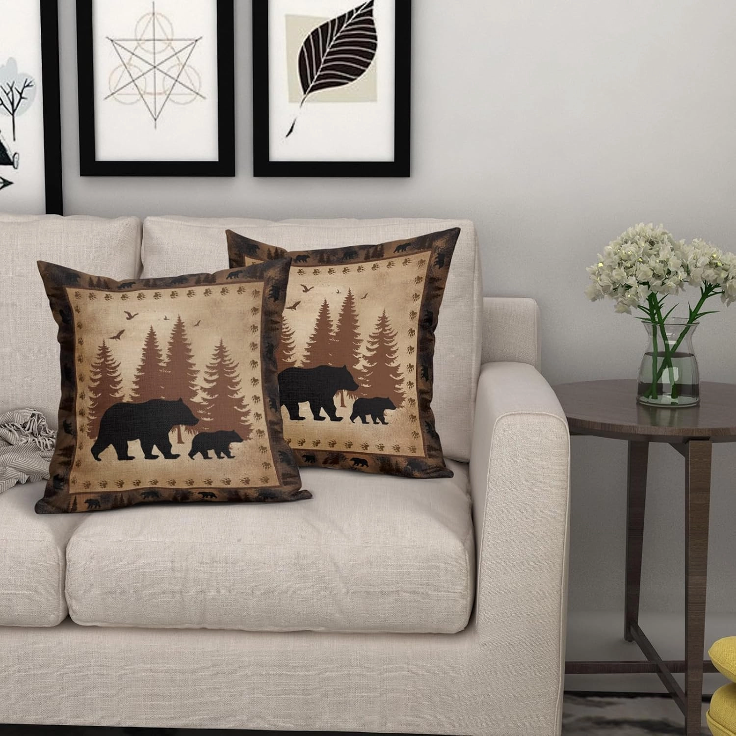 aportt Bear Pillow Covers 18x18 Inch Wild Animal Forest Cotton Linen Decorative Throw Pillow Case Nature Wildlife Tree Brown Cushion Cover Set of 2 Home Decor for Bedroom Sofa Living Room Couch Chair