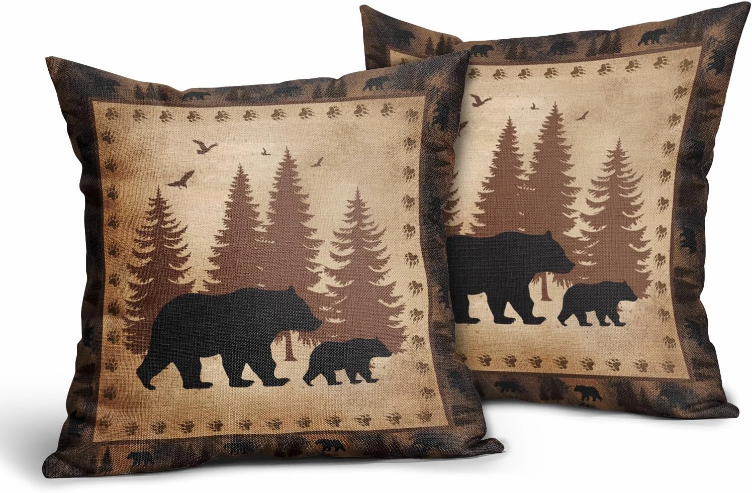 aportt Bear Pillow Covers 18x18 Inch Wild Animal Forest Cotton Linen Decorative Throw Pillow Case Nature Wildlife Tree Brown Cushion Cover Set of 2 Home Decor for Bedroom Sofa Living Room Couch Chair
