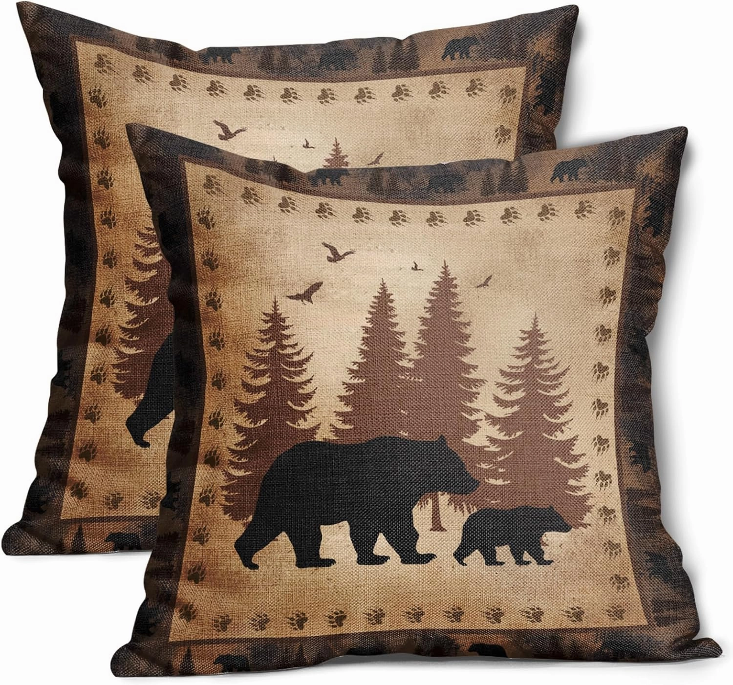 aportt Bear Pillow Covers 18x18 Inch Wild Animal Forest Cotton Linen Decorative Throw Pillow Case Nature Wildlife Tree Brown Cushion Cover Set of 2 Home Decor for Bedroom Sofa Living Room Couch Chair