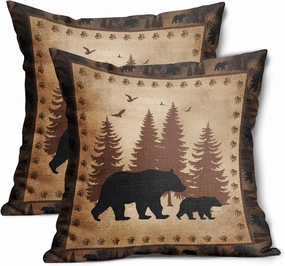 aportt Bear Pillow Covers 18x18 Inch Wild Animal Forest Cotton Linen Decorative Throw Pillow Case Nature Wildlife Tree Brown Cushion Cover Set of 2 Home Decor for Bedroom Sofa Living Room Couch Chair