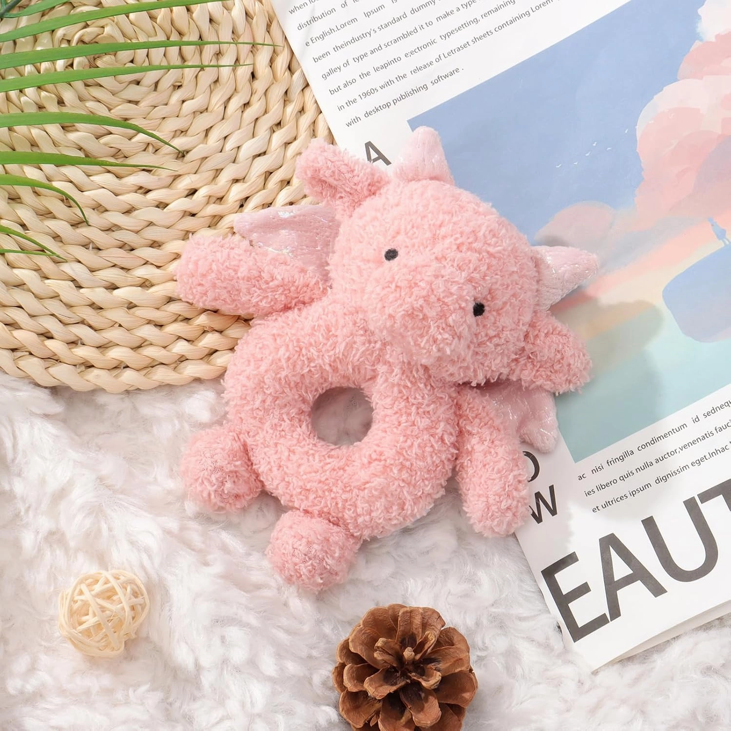 Apricot Lamb Baby Lovey Pink Dragon Soft Rattle Toy, Plush Stuffed Animal for Newborn Soft Over 0 Months
