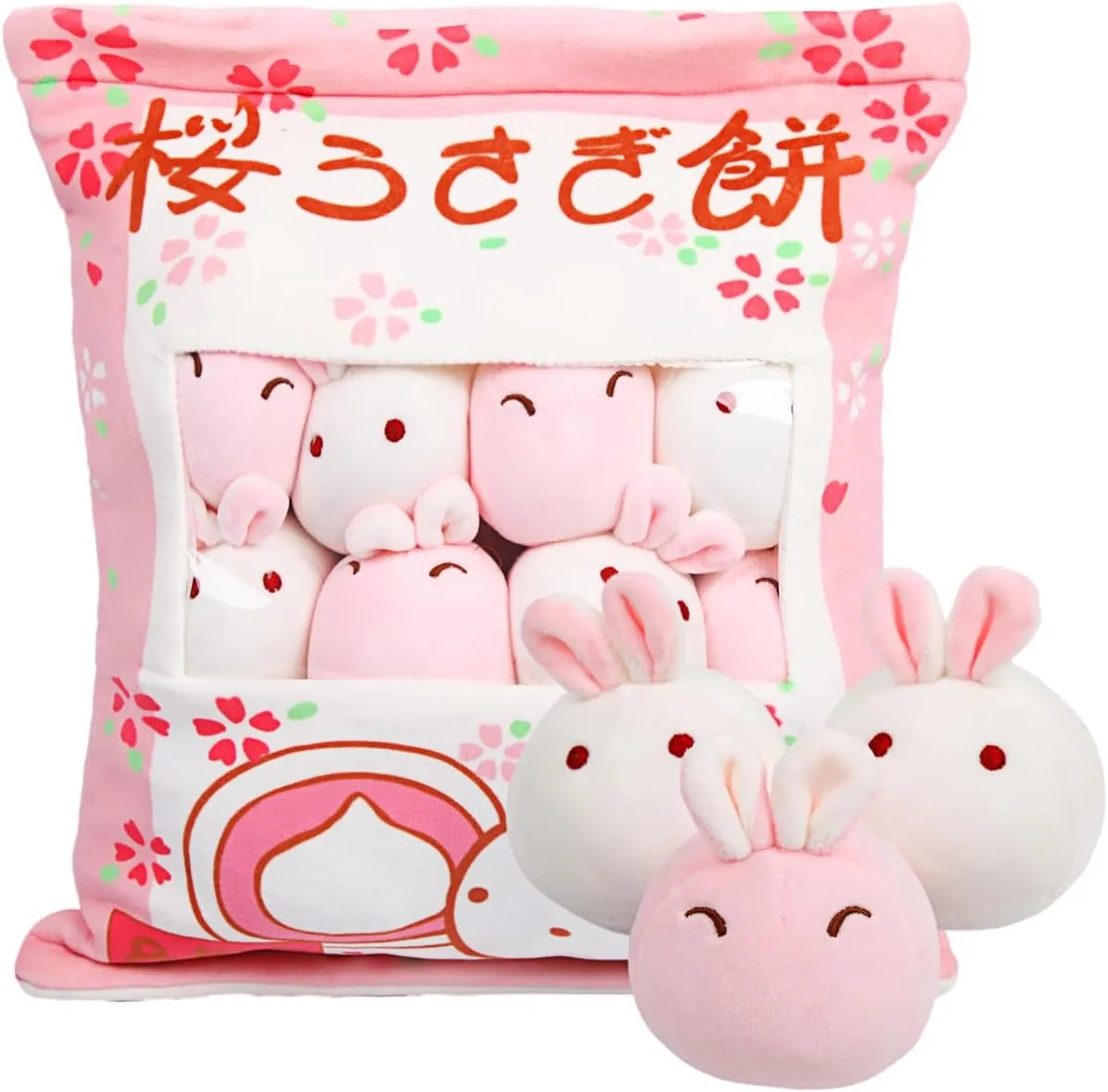 ARELUX Cute Bunny Plush Pudding Pillow:Snack Pillow Toys Bag Removable Stuffed Animal 8Pcs Sets Creative Plush,Soft Sakura Bunny Plushie Throw Pillow,Dolls Friends Family Member