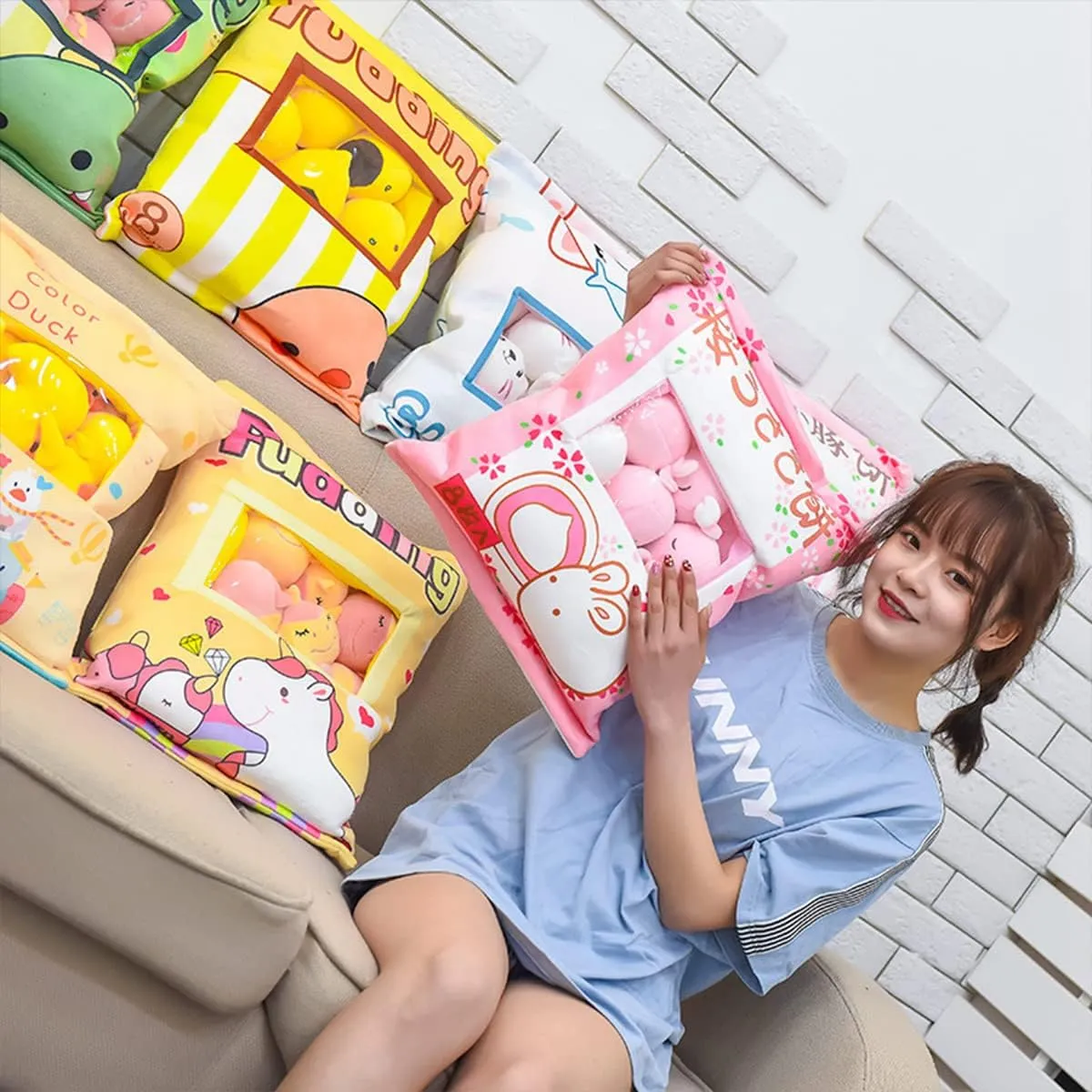 ARELUX Cute Bunny Plush Pudding Pillow:Snack Pillow Toys Bag Removable Stuffed Animal 8Pcs Sets Creative Plush,Soft Sakura Bunny Plushie Throw Pillow,Dolls Friends Family Member