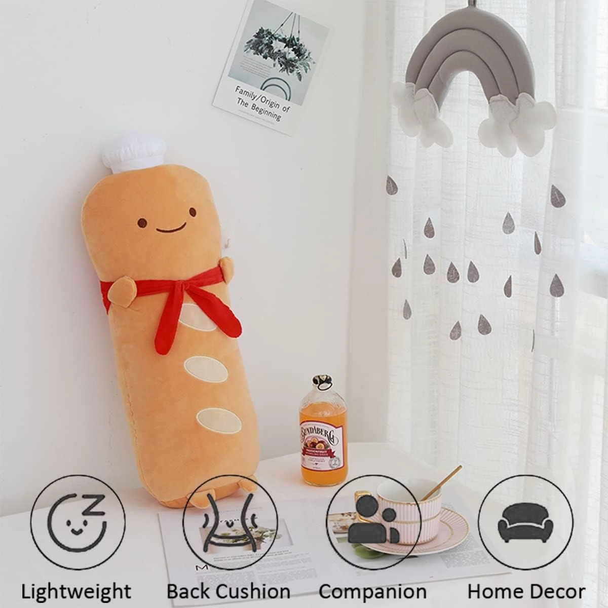 ARELUX Funny 17.7in Toast Baguette Pillow,French Baguette Shape Plush Hugging Pillow with Red Scarf,Soft Toast Food Sofa Cushion for Home Decor,Plush Toy for Friends Family Birthday