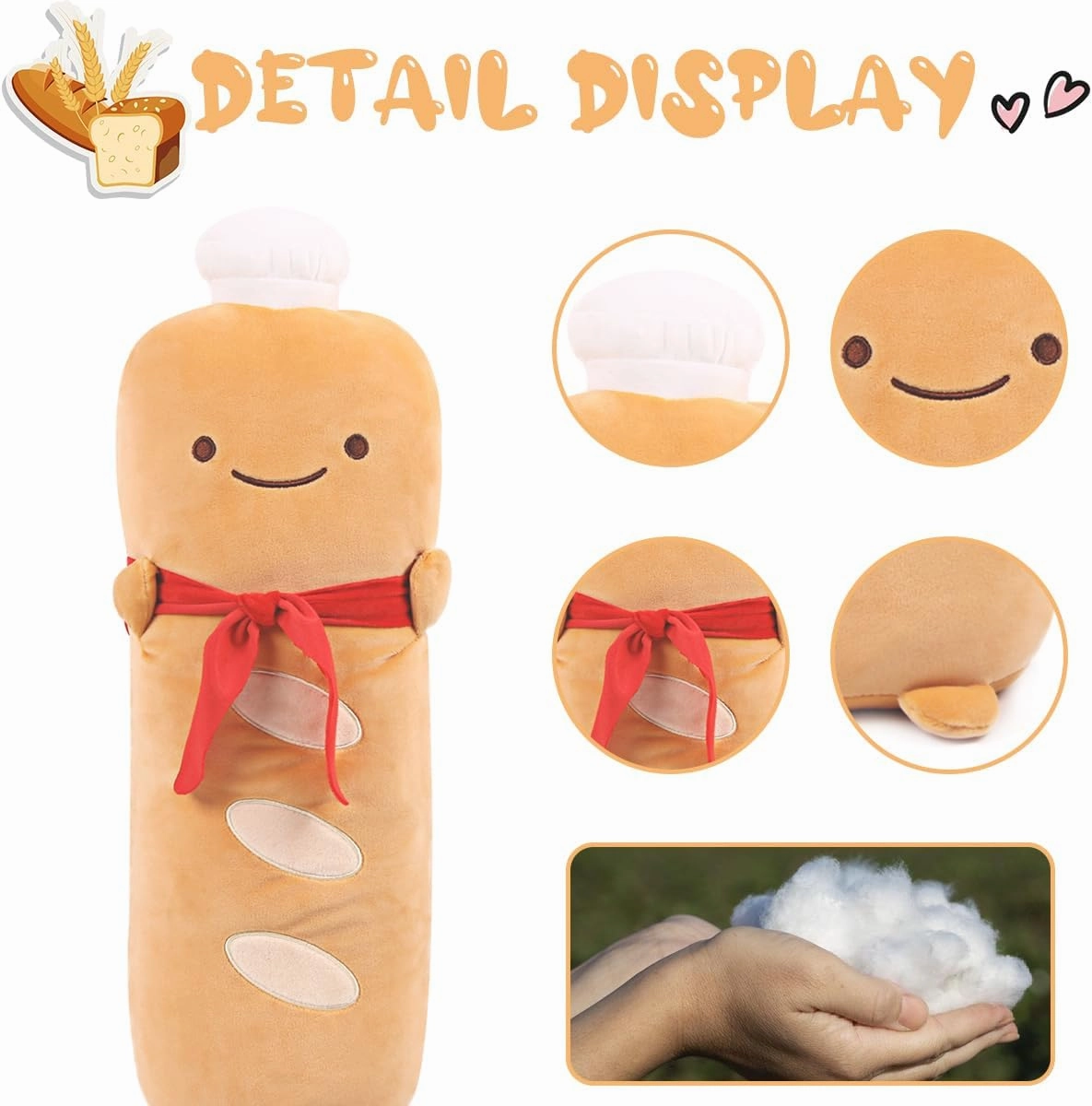 ARELUX Funny 17.7in Toast Baguette Pillow,French Baguette Shape Plush Hugging Pillow with Red Scarf,Soft Toast Food Sofa Cushion for Home Decor,Plush Toy for Friends Family Birthday