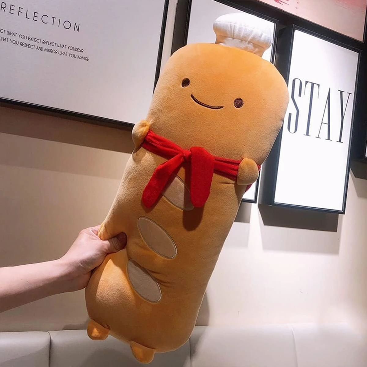 ARELUX Funny 17.7in Toast Baguette Pillow,French Baguette Shape Plush Hugging Pillow with Red Scarf,Soft Toast Food Sofa Cushion for Home Decor,Plush Toy for Friends Family Birthday