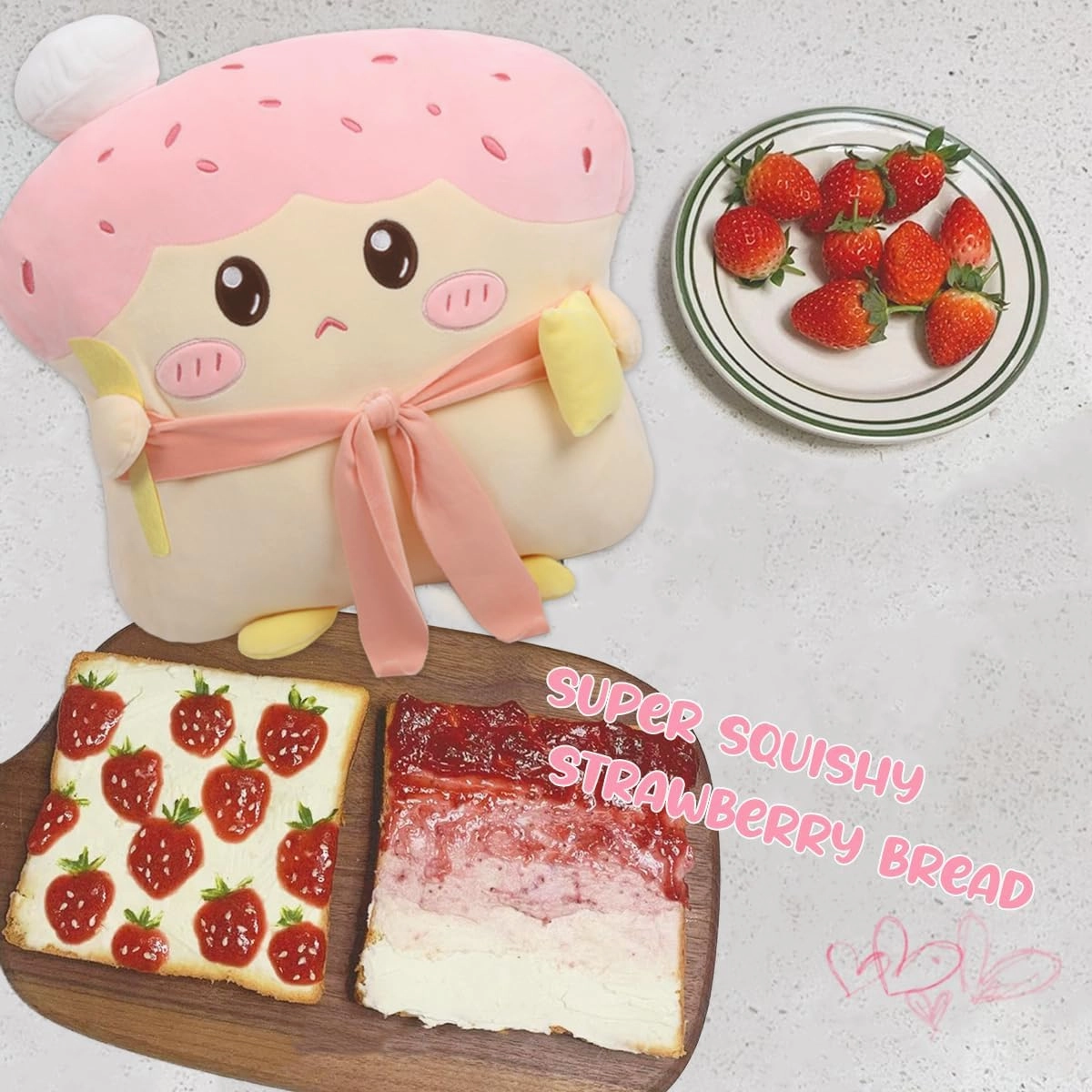 ARELUX Funny 17.7in Toast Sliced Bread Pillow,Pink Bread Shape Pink Plush Hugging Pillow with Red Scarf,Soft Strawberry Food Sofa Cushion for Home Decor,Plush Toy for Friends Family Birthday