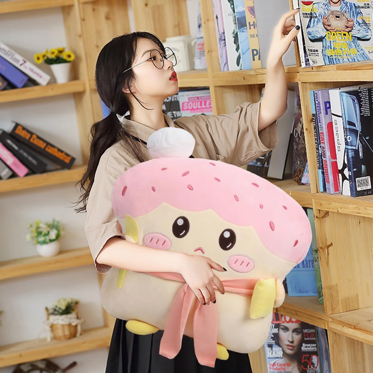 ARELUX Funny 17.7in Toast Sliced Bread Pillow,Pink Bread Shape Pink Plush Hugging Pillow with Red Scarf,Soft Strawberry Food Sofa Cushion for Home Decor,Plush Toy for Friends Family Birthday