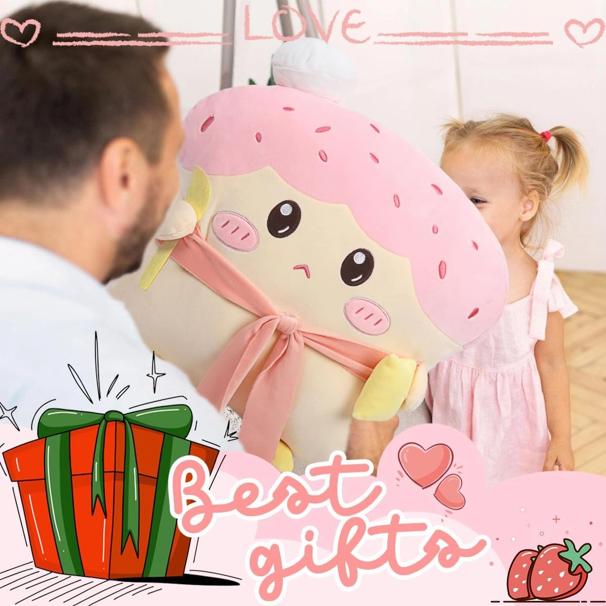 ARELUX Funny 17.7in Toast Sliced Bread Pillow,Pink Bread Shape Pink Plush Hugging Pillow with Red Scarf,Soft Strawberry Food Sofa Cushion for Home Decor,Plush Toy for Friends Family Birthday