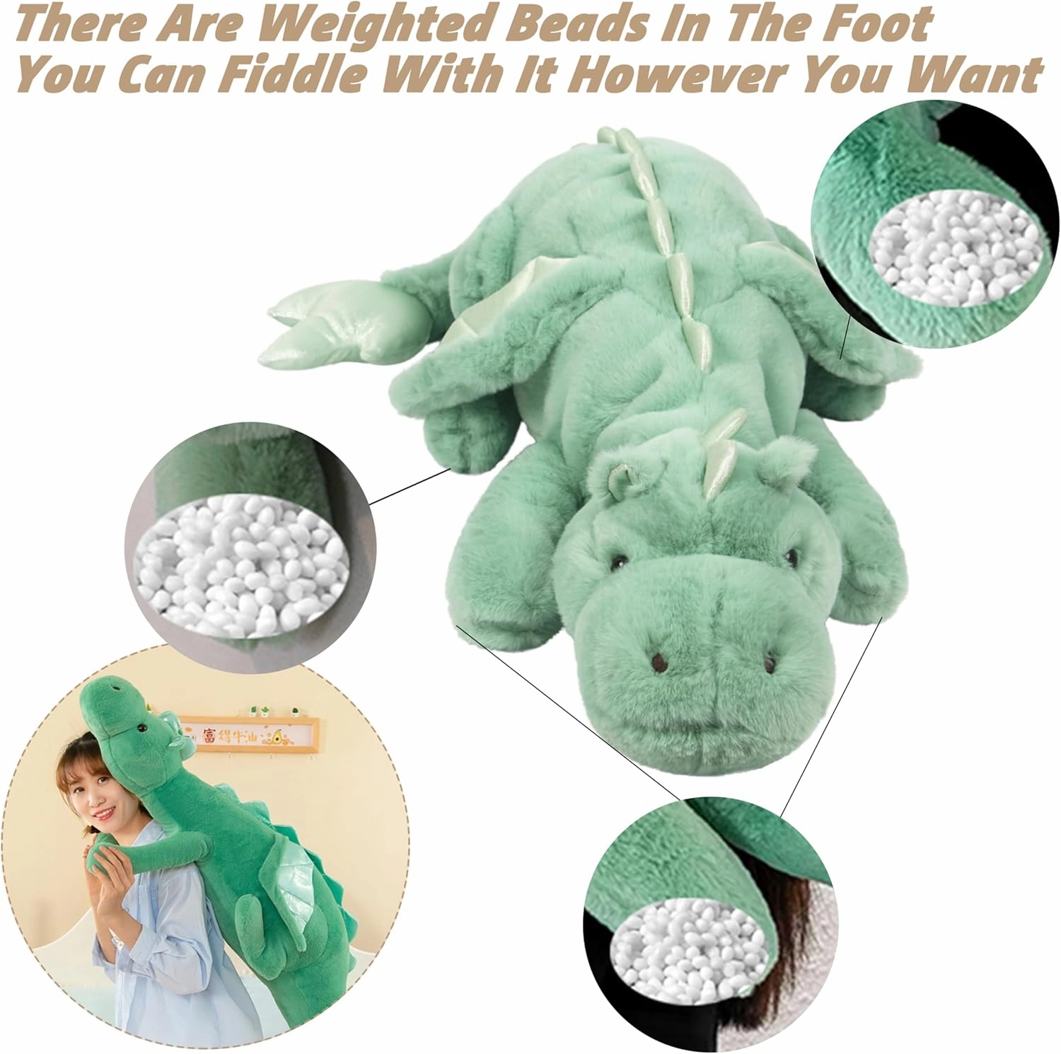 ARELUX Large 37in Cute Dragon Stuffed Animals Plush Toy,Soft Green Pterosaur Plushie Giant Fuzzy Dinosaur Pillow Plushies with Wings Cuddly for Friends Family Member
