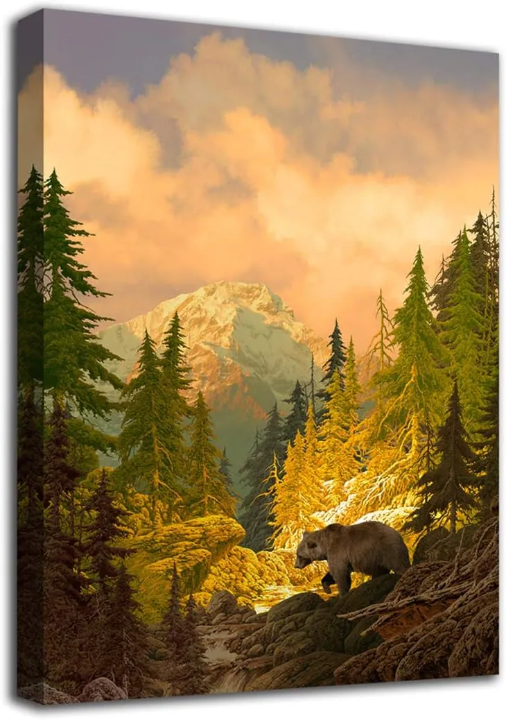arteWOODS Nature Canvas Wall Art Grizzly Bear in Rocky Mountain Forest Pictures for Wall Decor Autumn Landscape Canvas Painting Fall Scenery Prints Artwork for Home Office Decoration 24 x 36in